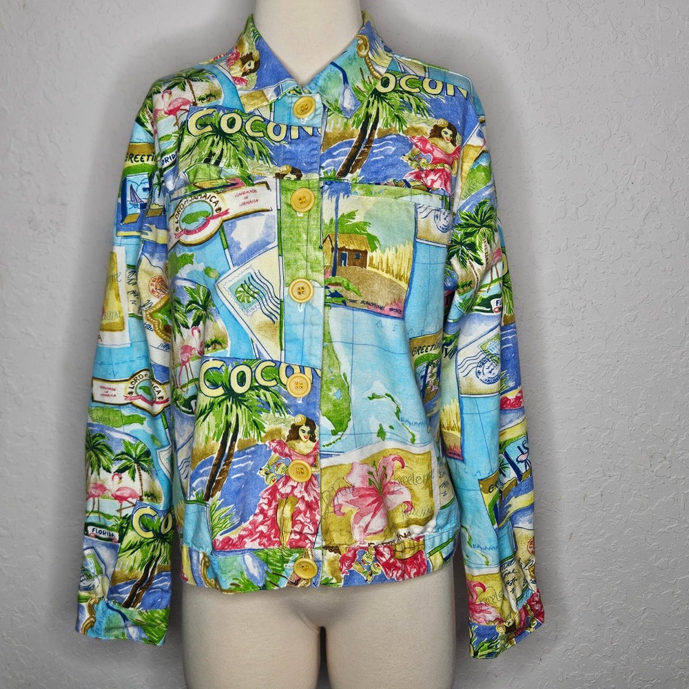 Alexis & Avery Women's Tropical Postcard Print Cotton Button Up Jacket Small